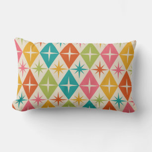 Mid Century Starbursts on Colourful Retro Diamonds Lumbar Cushion