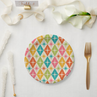 Mid Century Starbursts on Colourful Retro Diamonds Paper Plate