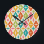 Mid Century Starbursts on Colourful Retro Diamonds Round Clock<br><div class="desc">This is classic Mid century modern colourful starbursts on retro diamonds in pink,  orange,  green,  teal and yellow. It's great gift for anyone who love retro  atomic era designs.</div>