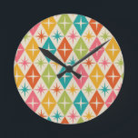Mid Century Starbursts on Colourful Retro Diamonds Round Clock<br><div class="desc">This is classic Mid century modern colourful starbursts on retro diamonds in pink,  orange,  green,  teal and yellow. It's great gift for anyone who love retro  atomic era designs.</div>