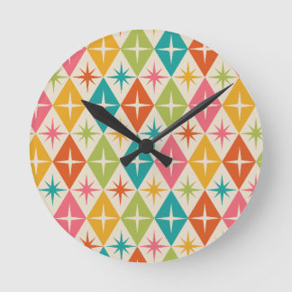 Mid Century Starbursts on Colourful Retro Diamonds Round Clock