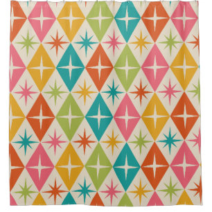 Mid Century Starbursts on Colourful Retro Diamonds Shower Curtain