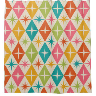 Mid Century Starbursts on Colourful Retro Diamonds Shower Curtain