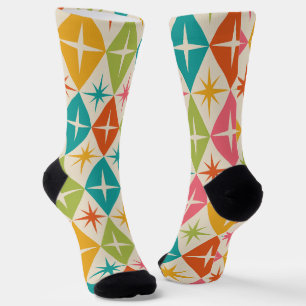 Mid Century Starbursts on Colourful Retro Diamonds Socks