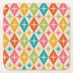 Mid Century Starbursts on Colourful Retro Diamonds Square Paper Coaster<br><div class="desc">This is classic Mid century modern colourful starbursts on retro diamonds in pink,  orange,  green,  teal and yellow. It's great gift for anyone who love retro  atomic era designs.</div>