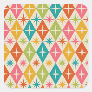 Mid Century Starbursts on Colourful Retro Diamonds Square Sticker