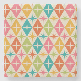 Mid Century Starbursts on Colourful Retro Diamonds Stone Coaster