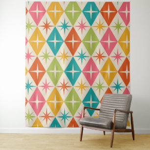 Mid Century Starbursts on Colourful Retro Diamonds Tapestry