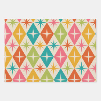 Mid Century Starbursts on Colourful Retro Diamonds Wrapping Paper Sheet