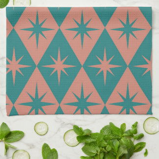 Mid Century Starbursts on coral teal Diamonds Tea Towel