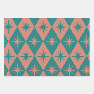 Mid Century Starbursts on coral teal Diamonds Wrapping Paper Sheet