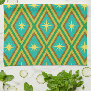 Mid Century Starbursts on Diamonds in Green Yellow Tea Towel