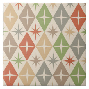 Mid Century Starbursts on Earthy Retro Diamonds Ceramic Tile