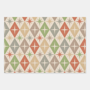 Mid Century Starbursts on Earthy Retro Diamonds Wrapping Paper Sheet
