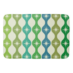 Mid Century Starbursts on Green Blue Ogee Pattern  Bath Mat