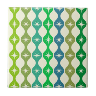Mid Century Starbursts on Green Blue Ogee Pattern  Ceramic Tile