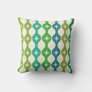 Mid Century Starbursts on Green Blue Ogee Pattern Cushion