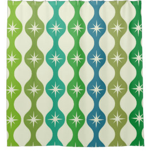 Mid Century Starbursts on Green Blue Ogee Pattern  Shower Curtain