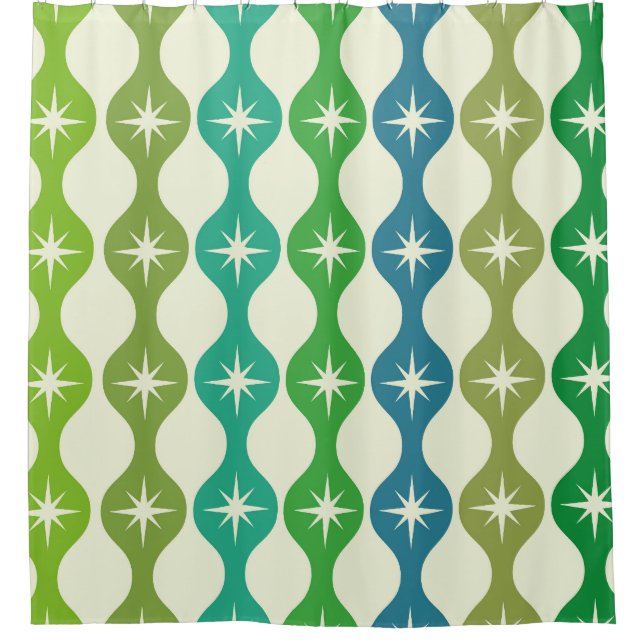 Mid Century Starbursts on Green Blue Ogee Pattern  Shower Curtain (Front)