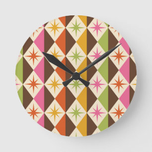 Mid Century Starbursts on Harlequin Diamonds  Round Clock