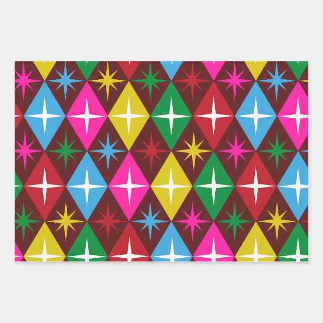 Mid Century Starbursts on  Harlequin Diamonds Wrapping Paper Sheet (Front)