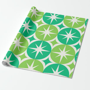 Mid Century Starbursts on Jade Lime Green Circles  Wrapping Paper