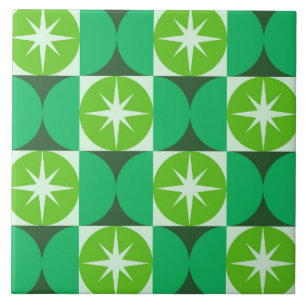 Mid Century Starbursts on Lime Mint Green circles Ceramic Tile