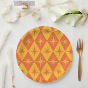 Mid Century Starbursts on Orange Amber Diamonds Paper Plate