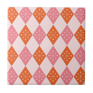 Mid Century Starbursts on Orange Pink Diamonds Ceramic Tile