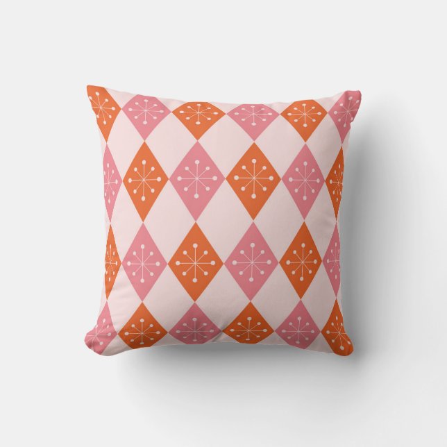 Mid Century Starbursts on Orange Pink Diamonds  Cushion (Front)