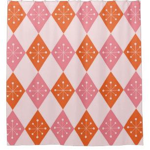 Mid Century Starbursts on Orange Pink Diamonds  Shower Curtain