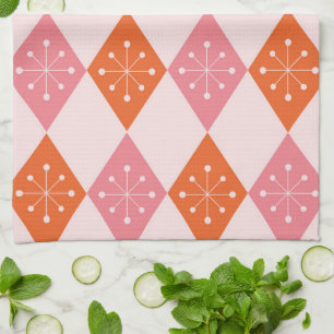 Mid Century Starbursts on Orange Pink Diamonds Tea Towel