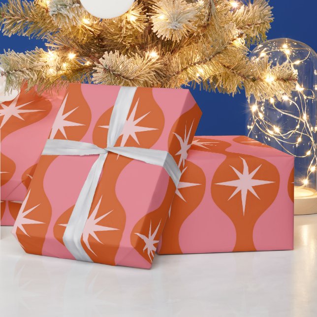 Mid Century Starbursts on Orange Pink Ogee Pattern Wrapping Paper (Holidays)
