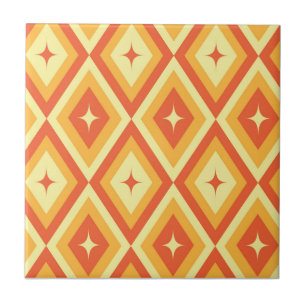 Mid Century Starbursts on Orange Red Diamonds Ceramic Tile