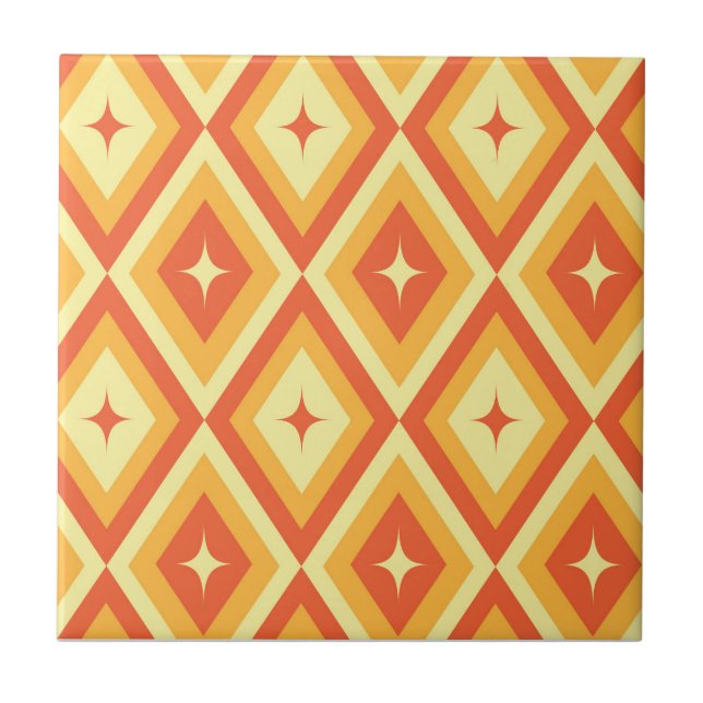 Mid Century Starbursts on Orange Red Diamonds  Ceramic Tile (Front)