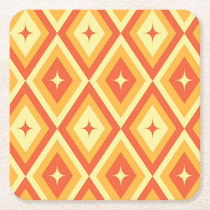 Mid Century Starbursts on Orange Red Diamonds Square Paper Coaster