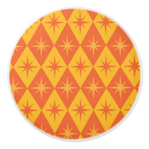 Mid Century Starbursts on Orange Retro Diamonds  Ceramic Knob