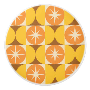 Mid Century Starbursts on Orange Yellow Circles  Ceramic Knob