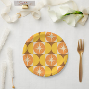 Mid Century Starbursts on Orange Yellow Circles Paper Plate