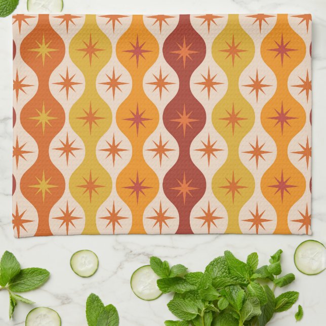 Mid Century Starbursts on orange yellow ogee  Tea Towel (Folded)