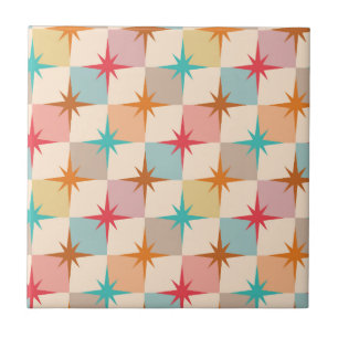 Mid Century Starbursts on Pastel Checkerboards Ceramic Tile