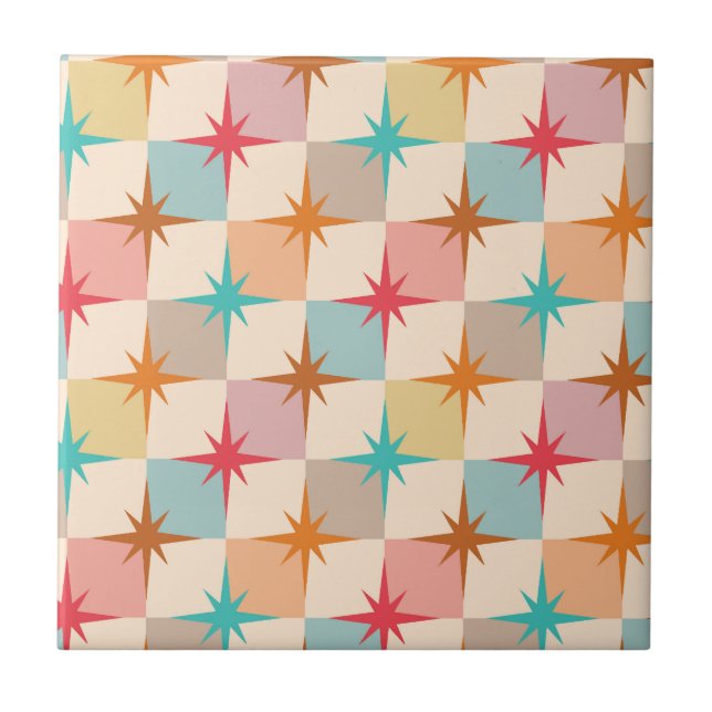 Mid Century Starbursts on Pastel Checkerboards Ceramic Tile (Front)