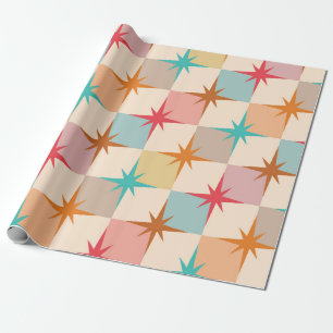 Mid Century Starbursts on Pastel Checkerboards Wrapping Paper