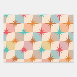 Mid Century Starbursts on Pastel Checkerboards Wrapping Paper Sheet