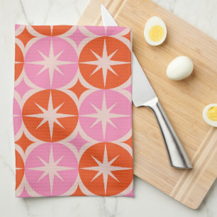 Mid Century Starbursts on Pink and Orange Circles Tea Towel