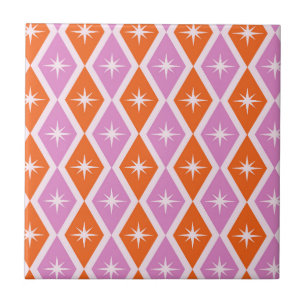 Mid Century Starbursts on Pink and Orange Diamonds Ceramic Tile