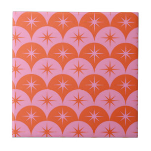 Mid Century Starbursts on Pink and Orange Scallops Ceramic Tile