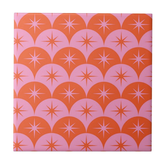 Mid Century Starbursts on Pink and Orange Scallops Ceramic Tile (Front)