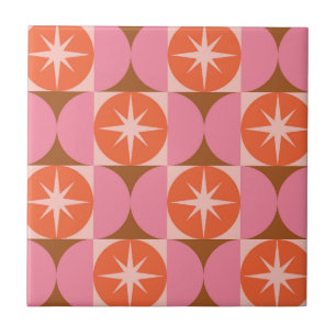Mid Century Starbursts on Pink Orange Circles Ceramic Tile