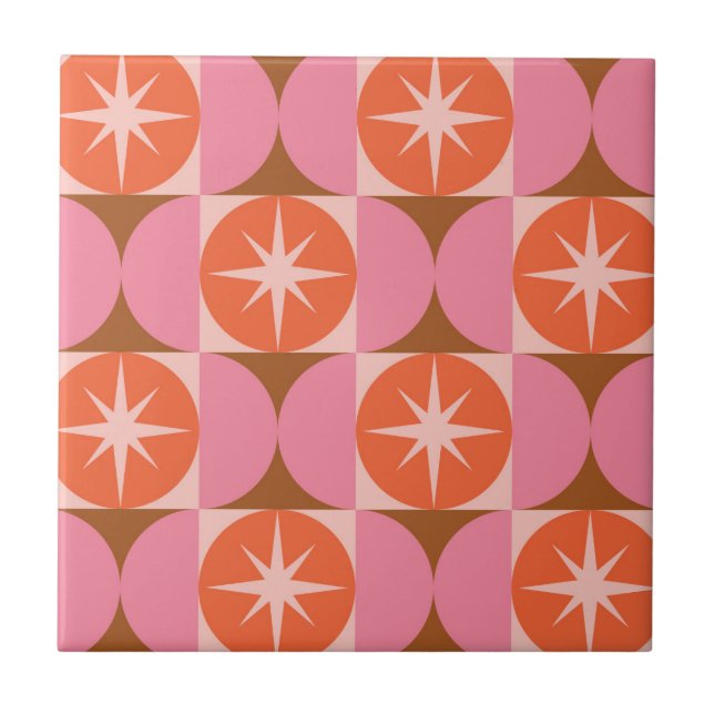 Mid Century Starbursts on Pink Orange Circles Ceramic Tile (Front)